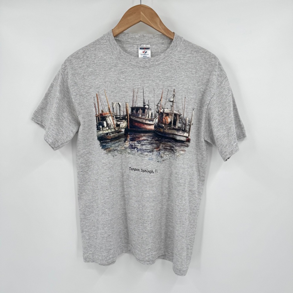 Jerzees‎ Grey Tarpon Springs, FL Docked Boats Nautical Graphic T-Shirt Women's M